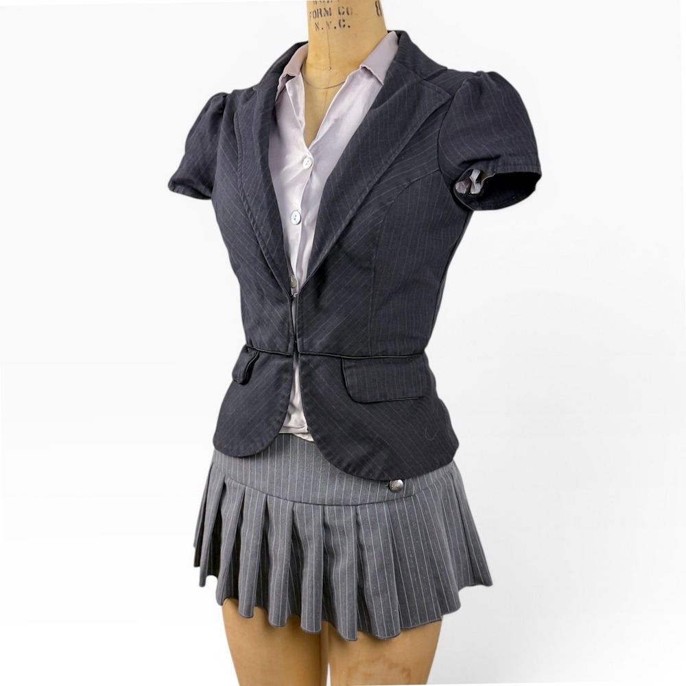 Y2K Pinstripe Blazer Short Puff Sleeve Cinched Office Siren Dark Academia Sz M